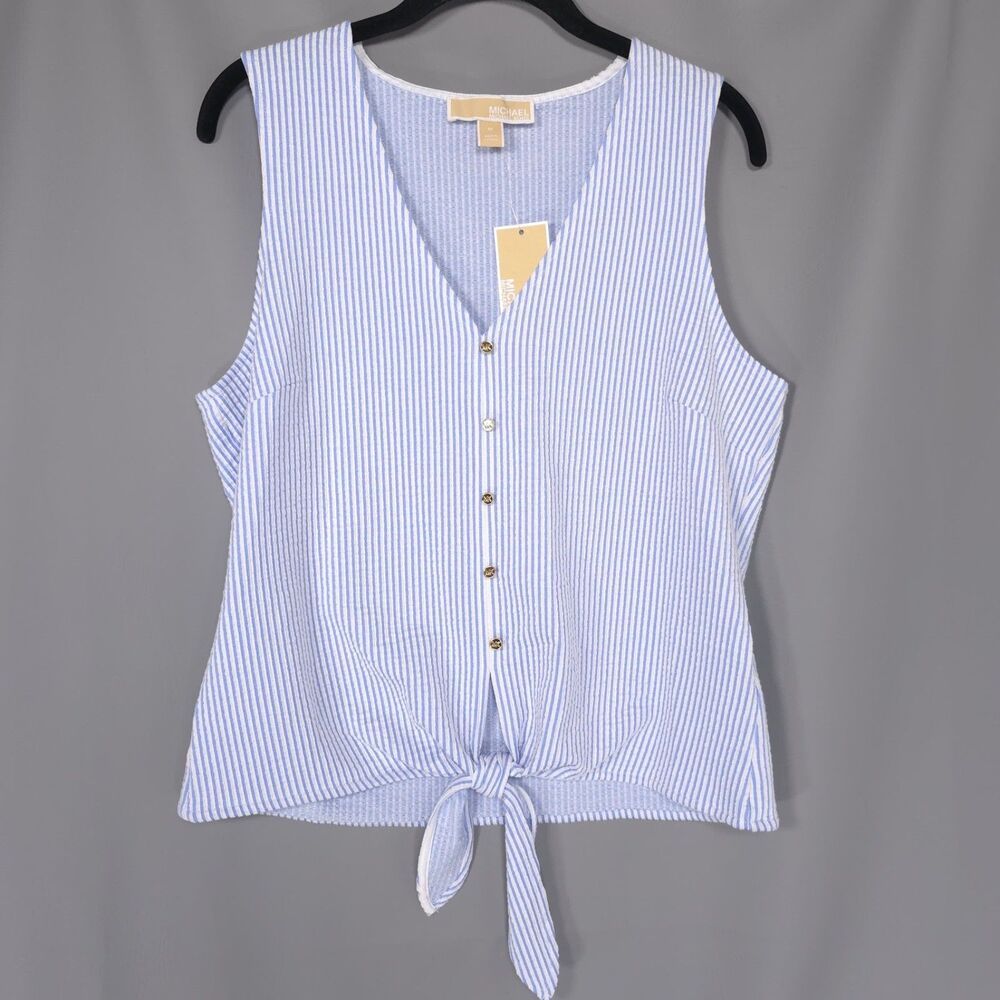 MICHAEL KORS Women’s New MEDIUM Top Blouse Tie Front Blue White Tank Seersucker